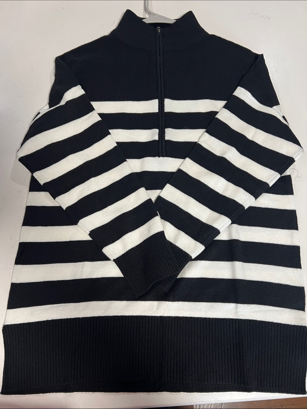Striped Half-Zip Turtleneck Sweater - Black & White